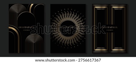 Luxurious gala invitation card set in black and champagne gold with arch motifs, radiant sunburst styling, and layered frame lines for wedding receptions, awards nights, and elite celebrations.