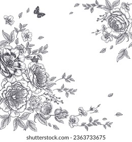 Luxurious garden blooming flowers peonies, roses and butterfly. Template for wedding decor. Vintage botanical vector illustration. Vintage. Black and white.