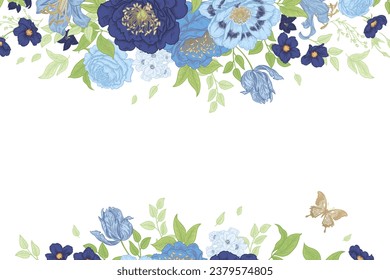 Luxurious garden blooming flowers peonies, roses and butterfly. Template for wedding decor. Vintage botanical vector illustration. Vintage frame. Navy blue flowers on white background.