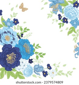 Luxurious garden blooming flowers peonies, roses and butterfly. Template for wedding decor. Vintage botanical vector illustration. Vintage frame. Navy blue flowers on white background.