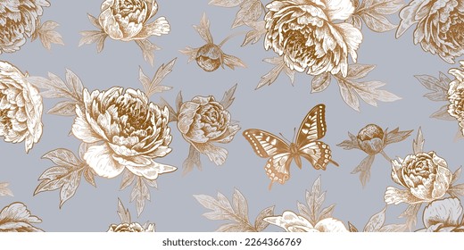 Luxurious garden flowers peonies and butterflies seamless pattern. Vector illustration. Floral background. Vintage. Gray background and gold foil printing.