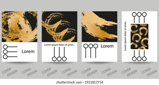 Luxurious geometric backgrounds set.Gold brush strokes on black. Colorful geometric pattern  with  glitter texture . For printing on covers, banners, sales, flyers. Modern design. Vector. EPS10