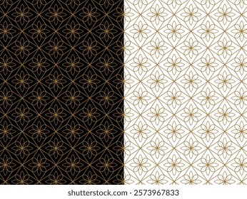  Luxurious geometric pattern set in black and white with gold accents. Features intricate floral motifs enclosed within diamond shapes, combining elegance and sophistication for upscale design project