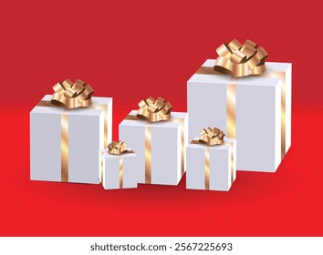 Luxurious gift boxes adorned with golden ribbons and bows, creating an elegant and festive visual. Ideal for celebrations, holidays, weddings, and premium event designs.