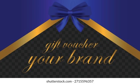 Un lujoso diseño de vales de regalo con una cinta azul y un lazo con un acento de cinta dorada, sobre un fondo a cuadros transparente. El texto "vale de regalo para tu marca" se muestra elegantemente en escritura dorada.