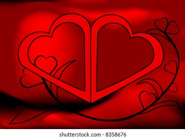 A luxurious glowing red background with two joining hearts.  AI-EPS8 format