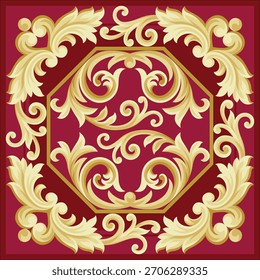 Un lujoso diseño de pergamino barroco dorado sobre un rico fondo rojo, que muestra elegancia atemporal y detalles ornamentados.