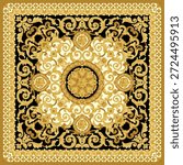 A luxurious gold Baroque-style pattern featuring ornate acanthus leaves and royal medallions on a sophisticated black backdrop, radiating timeless elegance.