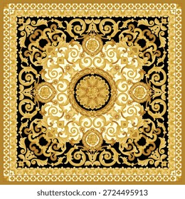 A luxurious gold Baroque-style pattern featuring ornate acanthus leaves and royal medallions on a sophisticated black backdrop, radiating timeless elegance.