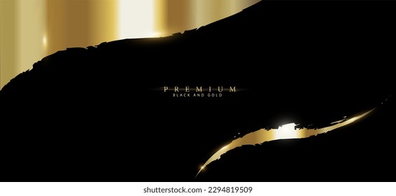 Luxurious gold and black background. Golden wavy brushstroke with glow in the dark. Elegant abstract banner, flyer, bruchure, vector template.
