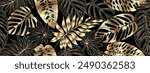 Luxurious gold and black background vector. Floral pattern, gold monster leaves, palm tree, banana leaf. Vector illustration.