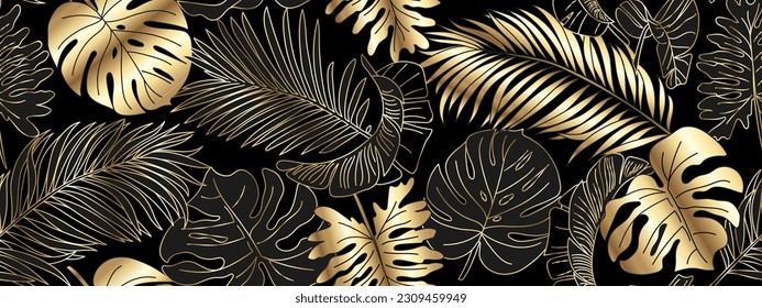 Luxurious gold and black background vector. Floral pattern, gold monster leaves, palm tree, banana leaf. Vector illustration.