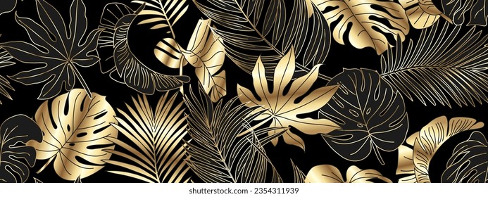 Luxurious gold and black background vector. Floral pattern, gold monster leaves, palm tree, banana leaf. Vector illustration.