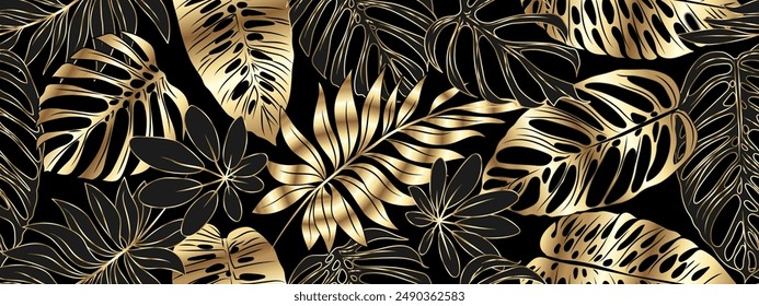 Luxurious gold and black background vector. Floral pattern, gold monster leaves, palm tree, banana leaf. Vector illustration.