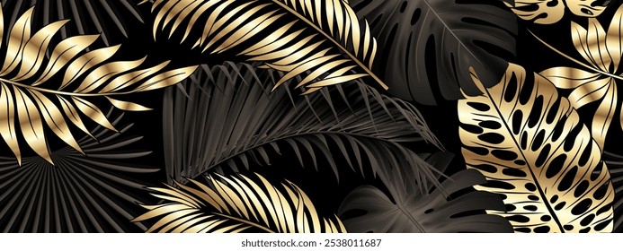 Luxurious gold and black background vector. Floral pattern, gold monster leaves, palm tree, banana leaf. Vector illustration.