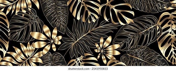 Lujoso Vector de fondo dorado y negro. Patrón floral, hojas de monstruo de oro, palmera, hoja de plátano. Ilustración vectorial.