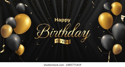 Luxurious Gold and Black Birthday Celebration Background featuring elegant gold balloons, confetti and glitters. Sophisticated designs perfect for invitations, banners and social media posts