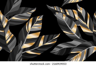 Luxurious gold black willow leaves seamless pattern vector graphic design. Textile print with metallic gold tropical leaves foliage on black. Premium fabric print. Striped texture. Chic design.