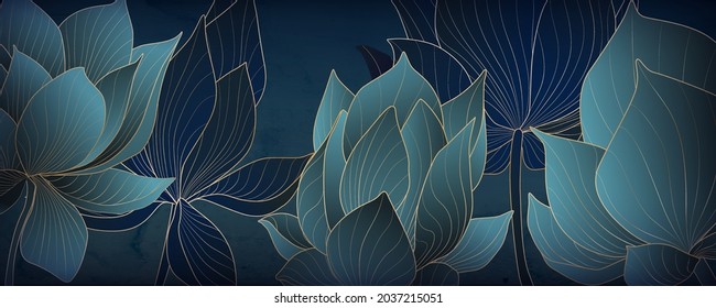 Luxurious gold and blue lotus wallpaper for web banners, social media and packaging.