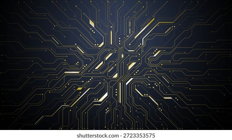 Padrões de circuito de ouro luxuosos sobre fundo escuro, conceito de semicondutor de inteligência artificial, design de placa-mãe futurista para aplicações de tecnologia moderna. Ilustração de vetor digital 