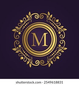 Luxurious Gold Circular Emblem with Floral Scrollwork and 'M' on Purple  
