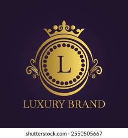 Luxurious gold circular logo with crown and ornate flourishes for luxury brand design