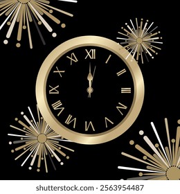 Luxurious gold clock at midnight surrounded by fireworks on a dark background. Perfect for New Year’s Eve, to symbolize celebration and anticipation. Gold accents against the dark backdrop.