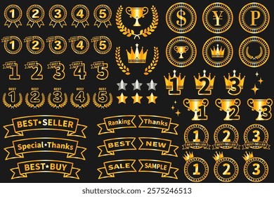 A luxurious gold design ranking and award icon set. Perfect for web design, promotional materials, posters, and flyers.