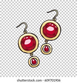 Luxurious gold earrings with natural ruby stone isolated on transparent background. Gorgeous accessory for evening dress. Expensive women jewelry vector illustration. Vintage earrings for night out. 