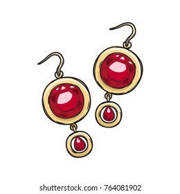 Luxurious gold earrings with natural ruby stone isolated on background. Gorgeous accessory for evening dress. Expensive women jewelry vector illustration. Vintage eardrops for night out.