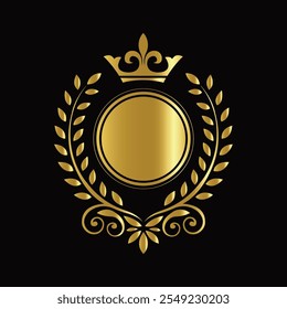 Luxurious gold emblem with crown and laurel wreath on a black background in a regal symmetrical design