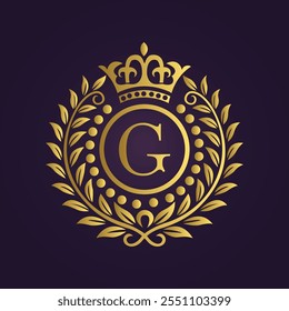  Luxurious Gold Emblem with Letter G, Crown, and Leaf Wreath  

