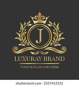 Luxurious Gold Emblem Logo with Ornate Floral Motifs and Crown