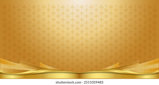Luxurious gold ethnic Thai pattern on golden background with border frame.