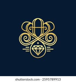 A luxurious gold filigree emblem with diamond elements, perfect for high-end branding.