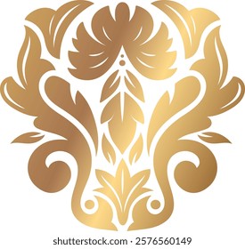 Luxurious gold floral pattern featuring intricate, ornate designs with symmetrical elements. Perfect for decorative projects, wallpaper, or textile design, adding a touch of sophistication