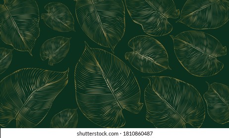 Luxurious gold floral print on a green background. Floral pattern, golden leaf of philodendron, violets with lines. Vector dimensionless graphics.