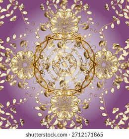 Luxuriöses goldenes florales Vektormuster auf weichem violettem Farbverlauf-Hintergrund. Elegantes, nahtloses Design mit verzierten barocken Details, perfekt für Textilien, Tapeten, Geschenkverpackungen, Verpackungen und Dekor.