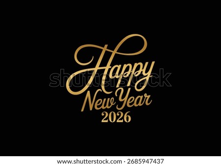 Luxurious Gold Foil Script 'Happy New Year 2026' Calligraphy. Ideal for High-End Invitations, Digital Greetings