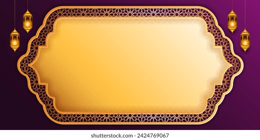 luxurious gold frame Islamic ramadan kareem eid mubarak arabic background banner design illustration. Translation. "Muslim fasting month and celebration day after fasting."