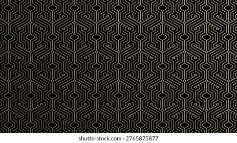 Luxurious Gold Geometric Pattern on Black Background, Elegant Art Deco Line Art Seamless Vector Texture