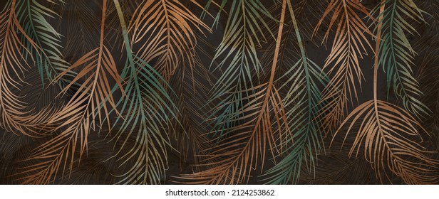 Luxurious gold and green flowers of tropical leaves on a dark background. Botanical beauty, modern art, floral art banner in gold color