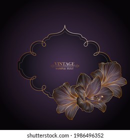 Luxurious gold  greeting frame on a gold seamless vintage background with amaryllis flowers. Invitation template for wedding ceremony, celebration.