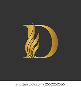 Lujoso logotipo de la letra 'D' de oro con diseño de llama sobre fondo gris oscuro  
