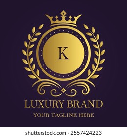 Luxurious gold letter K logo with crown and laurel design on dark background for premium brand identity  
