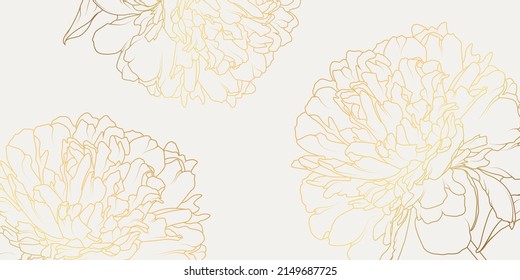 Luxurious gold line arts background design with peony flower wallpaper, textiles, paper and prints. Vintage vector illustration