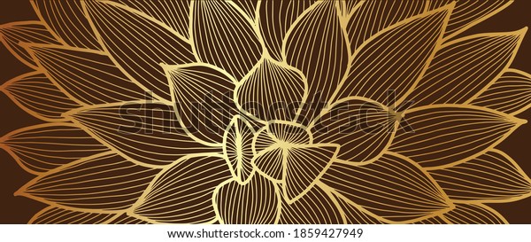 Luxurious gold Lotus flowers line arts background design for wallpaper, natural wall arts, banner, prints, invitation and packaging design. vector illustration.
