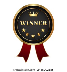 A luxurious gold medal with a crown and a red ribbon.Awarding the winner. Vector illustration.2