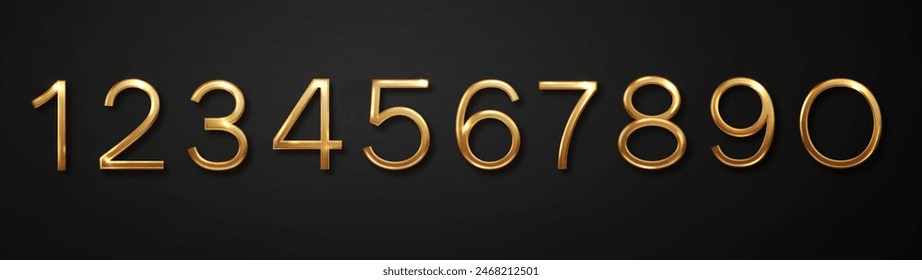 Luxurious gold number. Realistic 3d numbers from zero to nine isolated on black background. Birthday golden numbers vector set.