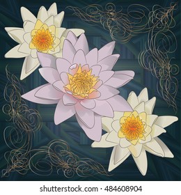 luxurious gold pattern of lotus flowers and stylized waves on a dark blue background
